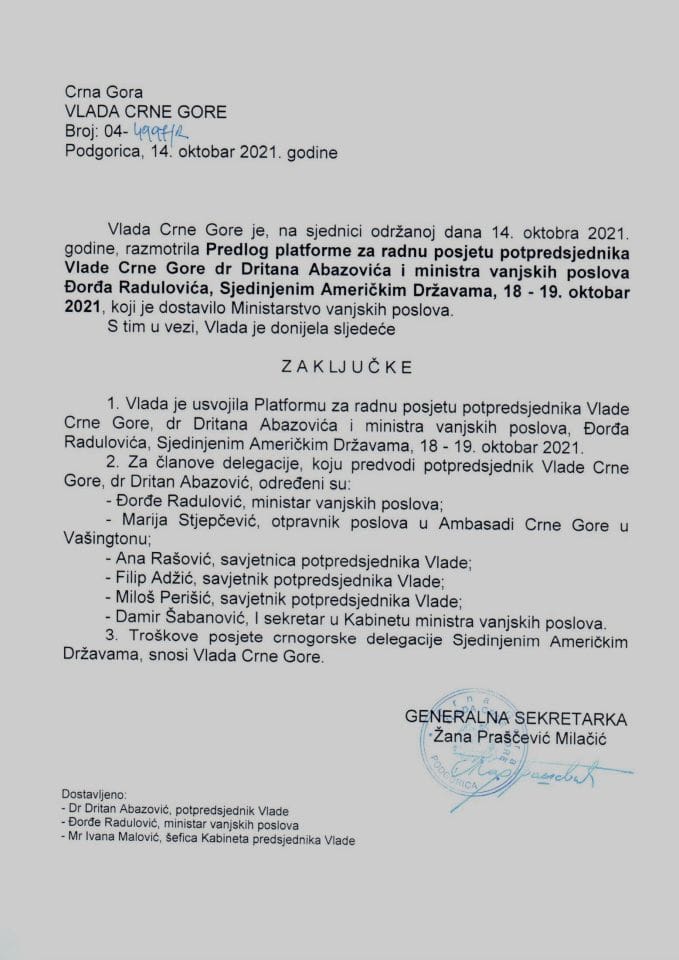 Predlog platforme za radnu posjetu potpredsjednika Vlade Crne Gore dr Dritana Abazovića i ministra vanjskih poslova Đorđa Radulovića Sjedinjenim Američkim Državama, 18. i 19. oktobra 2021. godine - zaključci