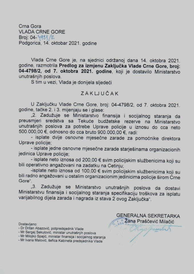 Предлог за измјену Закључка Владе Црне Горе, број: 04-1798/2, од 7. октобра 2021. године - закључци