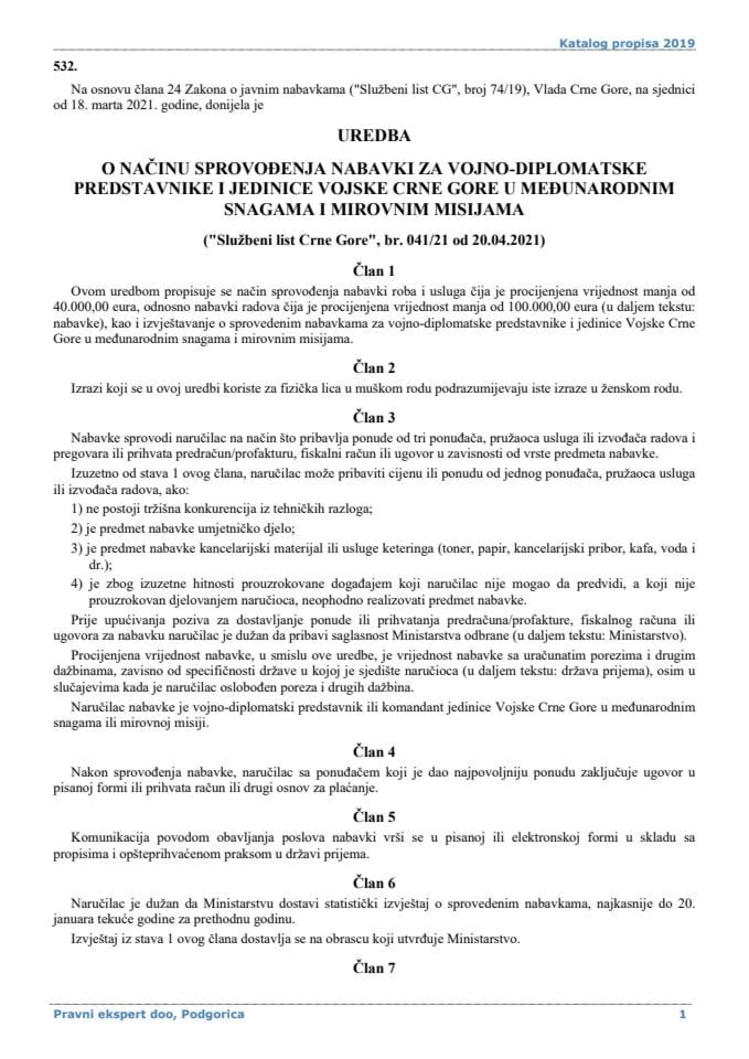 Uredba o nacinu sprovodjenja nabavki za vojno-diplomatske predstavnike i jedinice Vojske Crne Gore