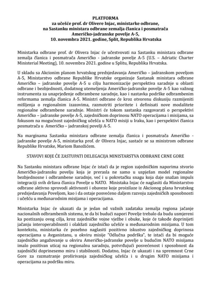 Предлог платформе за учешће проф. др Оливере Ињац, министарке одбране, на Састанку министара одбране земаља чланица и посматрача Америчко-јадранске повеље А-5, 10. новембра 2021. године, Сплит, Република Хрватска