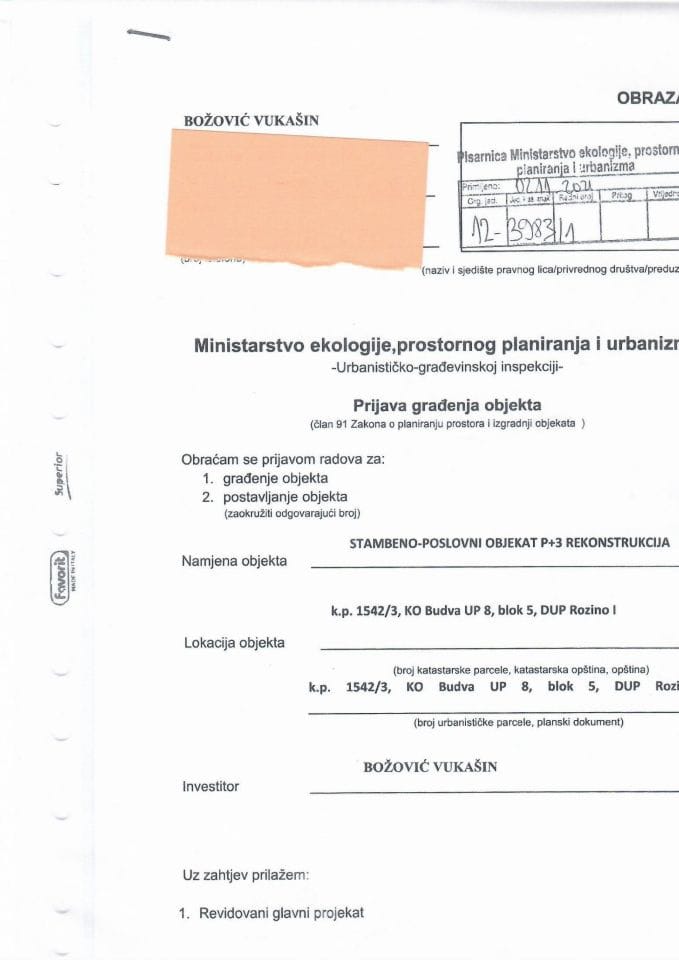 Prijava građenja objekta - 12-3983-1 BOŽOVIĆ VUKAŠIN