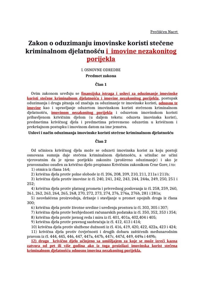 Prečišćen Nacrt_Zakon o oduzimanju imovinske koristi stecene