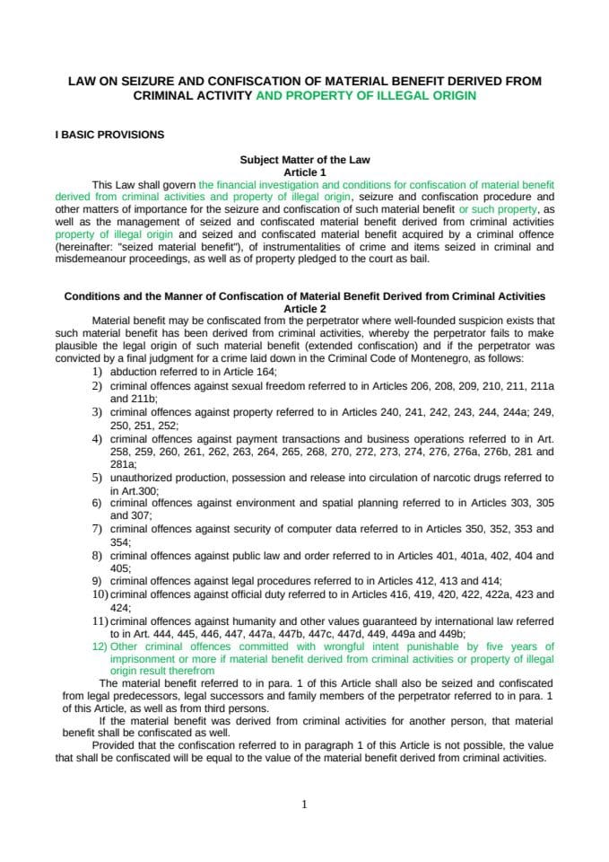 Consolidated DRAFT_Law on seizure and confiscation of material benefit derived from criminal activity