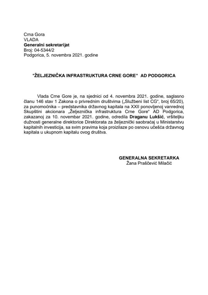 Predlog za određivanje punomoćnika-predstavnika državnog kapitala na XXII ponovljenoj vanrednoj Skupštini akcionara "Željeznička infrastruktura Crne Gore" AD Podgorica