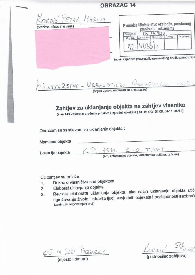 Zahtjevi za uklanjanje objekta na zahtjev vlasnika - 12-4033-1 KORDIĆ MARINA