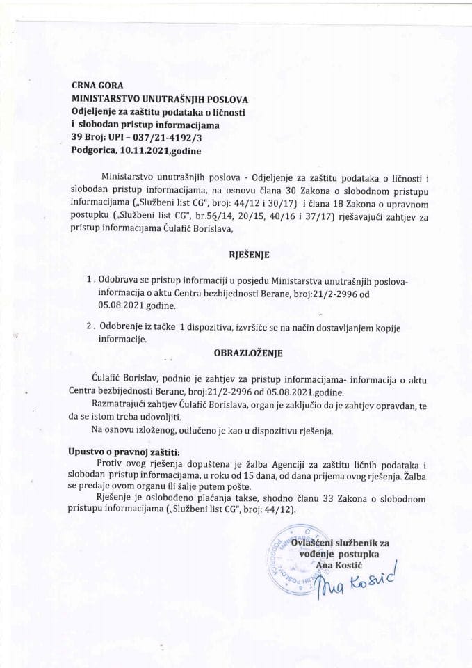 Rješenje 39 UPI-037/21-4192/3