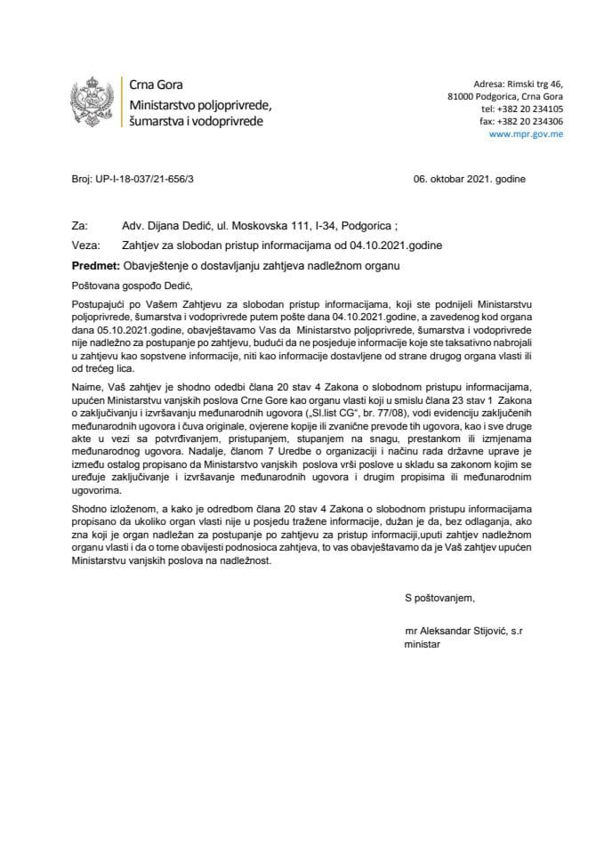Obavještenje Adv Delić i dostavljanju zahtjeva nadležnom organu : UP-I-18-037/21-656/3