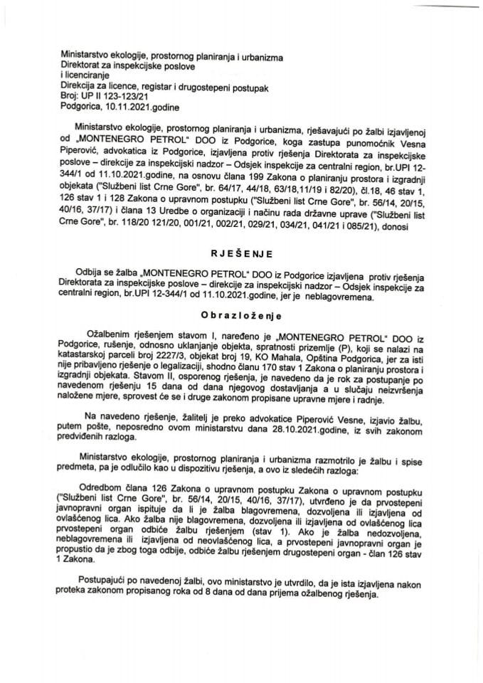 Drugostepeni postupak - UP II 123-123-21 MONTENEGRO PETROL