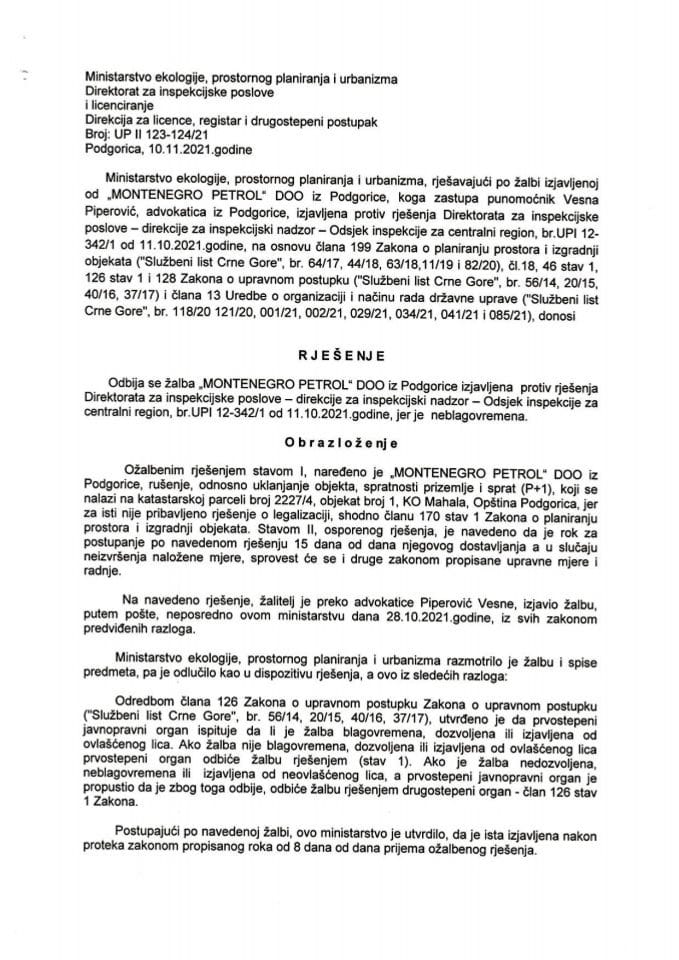 Drugostepeni postupak - UP II 123-124-21 MONTENEGRO PETROL