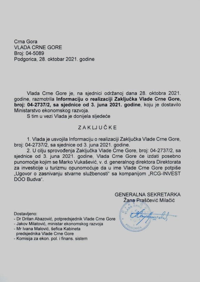 Информација о реализацији Закључка Владе Црне Горе, број: 04-2737/2, са сједнице од 3. јуна 2021. године - закључци