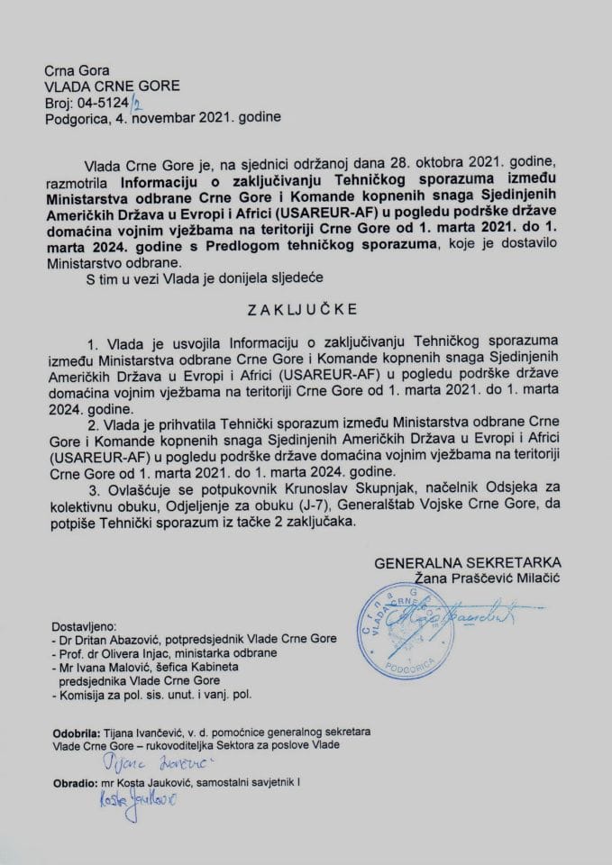 Informacija o zaključivanju Tehničkog sporazuma između Ministarstva odbrane Crne Gore i Komande kopnenih snaga Sjedinjenih Američkih Država u Evropi i Africi - zaključci