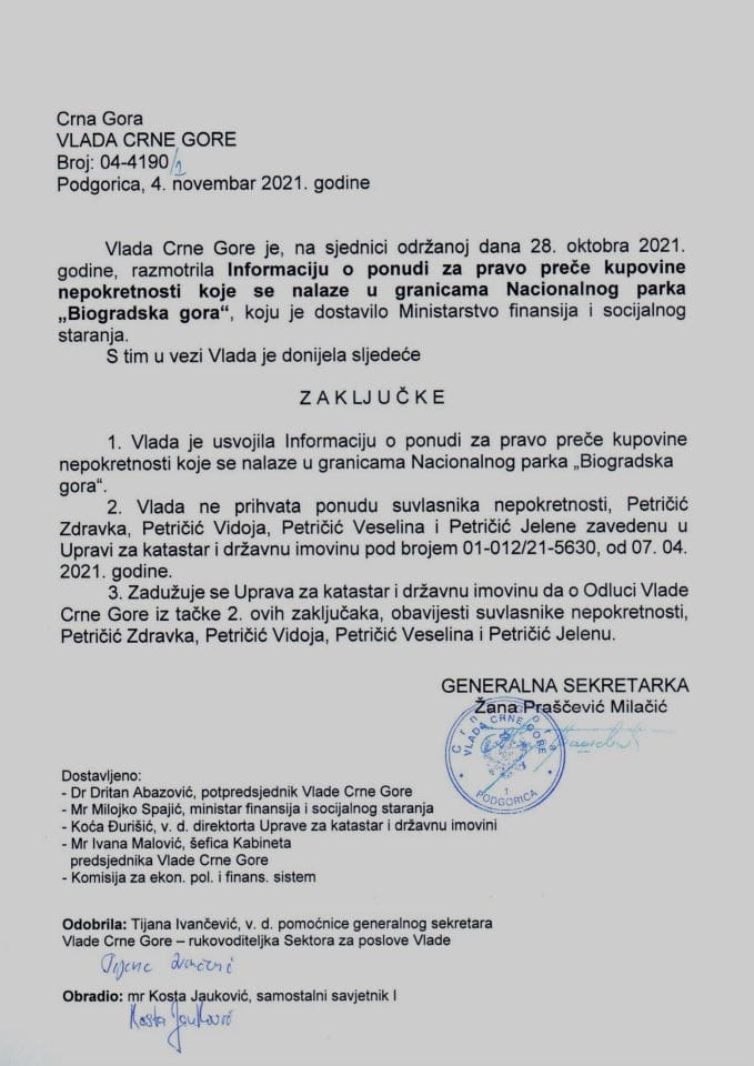 Информација о понуди за право прече куповине непокретности које се налазе у границама Националног парка „Биоградска гора“ (без расправе) - закључци