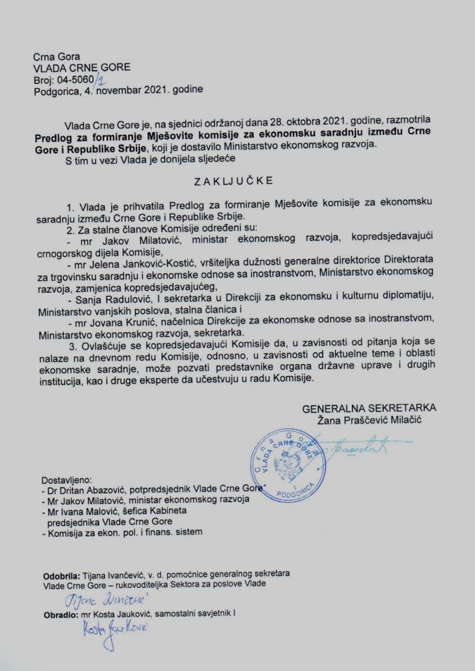 Predlog za formiranje Mješovite komisije za ekonomsku saradnju između Crne Gore i Republike Srbije (bez rasprave) - zaključci