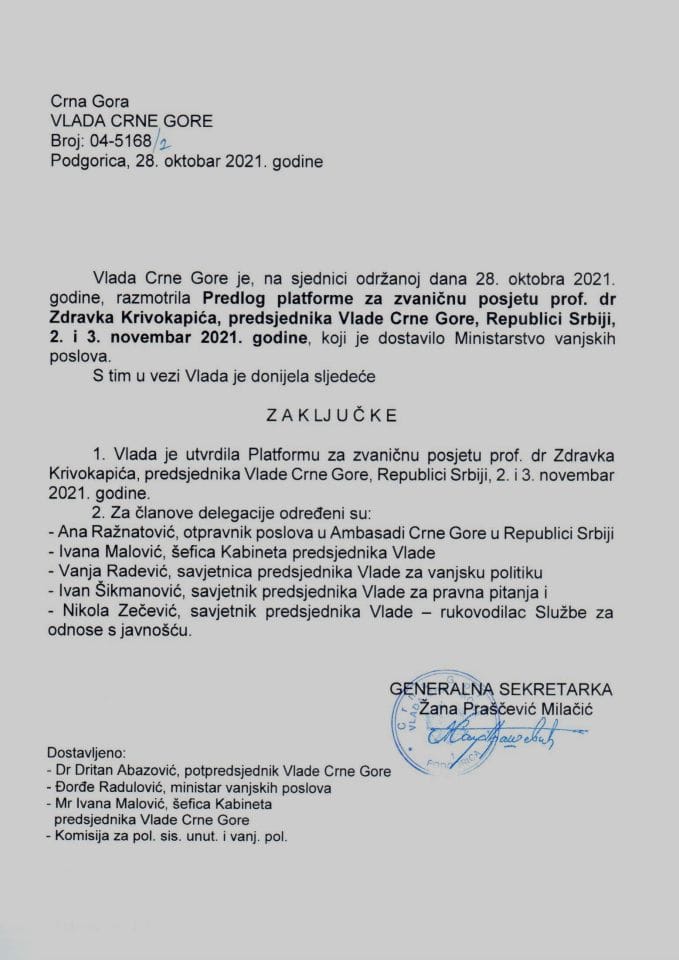 Предлог платформе за званичну посјету проф. др Здравка Кривокапића, предсједника Владе Црне Горе, Републици Србији, 2. и 3. новембра 2021. године (без расправе) - закључци