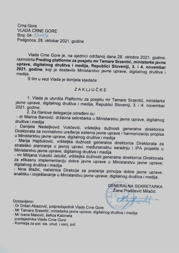 Предлог платформе за посјету мр Тамаре Срзентић, министарке јавне управе, дигиталног друштва и медија, Републици Словенији, 3. и 4. новембра 2021. године (без расправе) - закључци