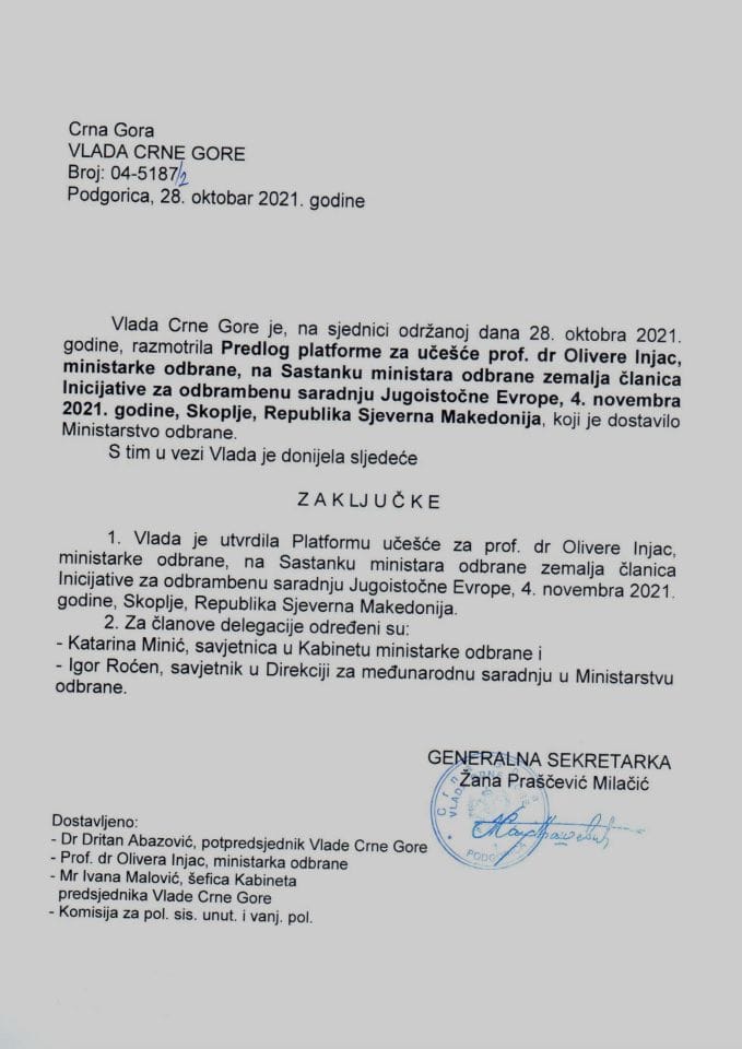 Predlog platforme za učešće prof. dr Olivere Injac, ministarke odbrane, na sastanku ministara odbrane zemalja članica Inicijative za odbrambenu saradnju Jugoistočne Evrope, 4. novembra 2021. godine, Skoplje - zaključci