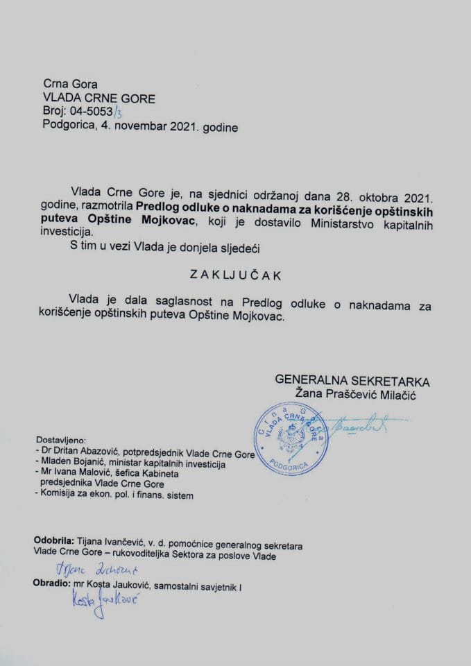 Предлог одлуке о накнадама за коришћење општинских путева општине Мојковац (без расправе) - закључци