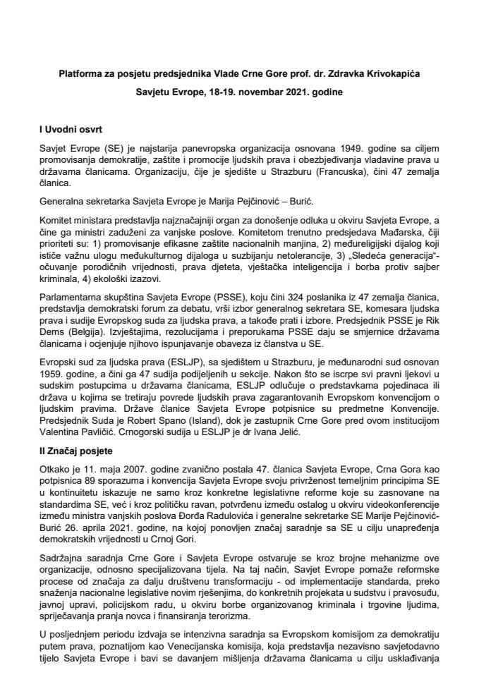 Predlog platforme za posjetu prof. dr Zdravka Krivokapića, predsjednika Vlade Crne Gore, Savjetu Evrope, 18. i 19. novembra 2021. godine