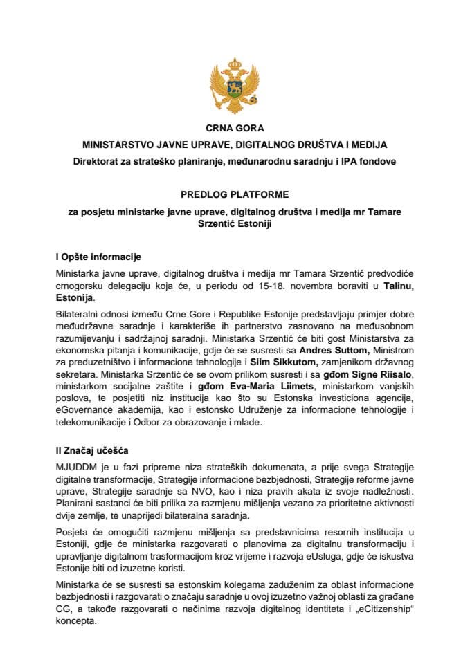 Предлог платформе за посјету мр Тамаре Срзентић, министарке јавне управе, дигиталног друштва и медија, Естонији, од 15. до 18. новембра 2021. године
