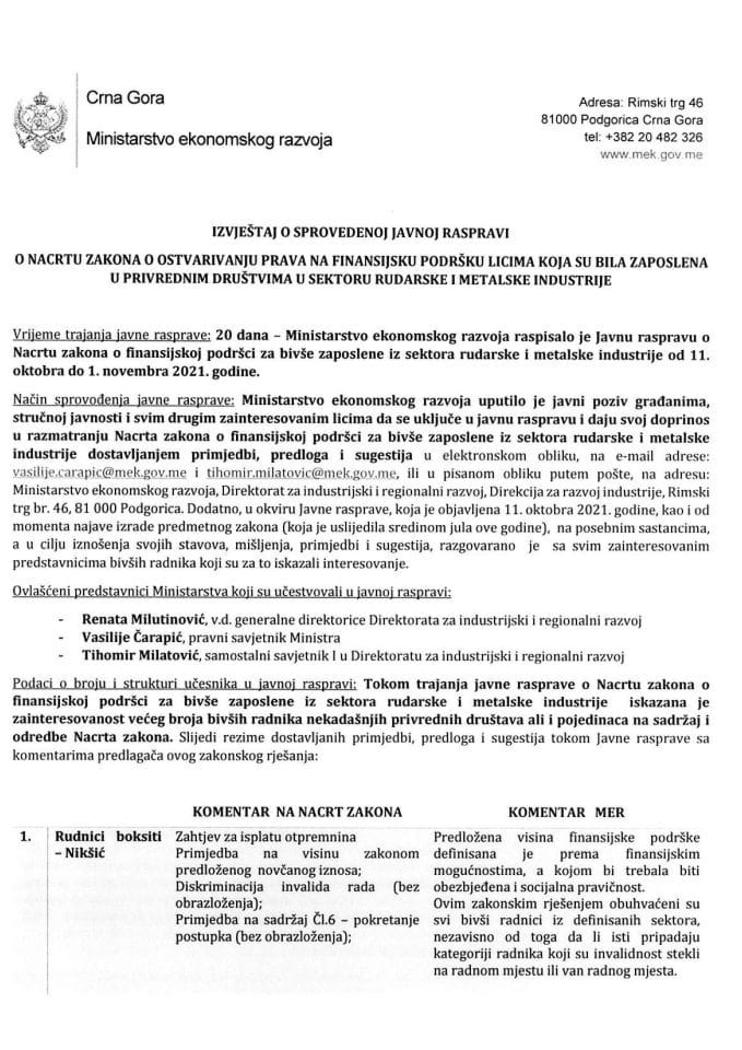 Izvještaj sa javne rasprave u vezi Predloga zakona o ostvarivanju prava na finansijsku podršku licima koja su bila zaposlena u privrednim društvima u sektoru rudarke i metalske industrije.