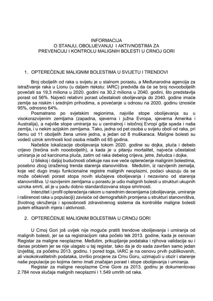 Informacija o stanju, obolijevanju i aktivnostima za prevenciju i kontrolu malignih bolesti u Crnoj Gori