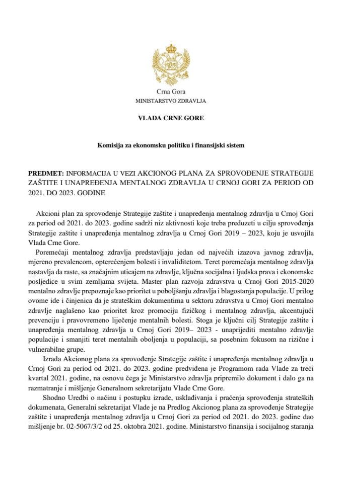 Informacija u vezi Akcionog plana za sprovođenje Strategije zaštite i unapređenja mentalnog zdravlja u Crnoj Gori za period od 2021. do 2023. godine