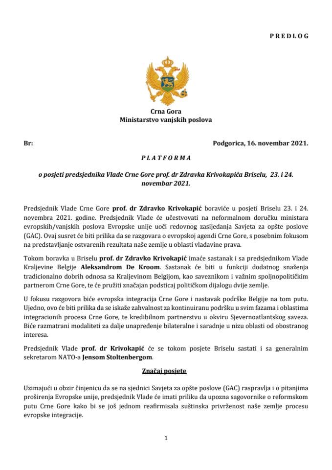 Predlog platforme za posjetu predsjednika Vlade Crne Gore prof. dr Zdravka Krivokapića Briselu, 23. i 24. novembra 2021. godine