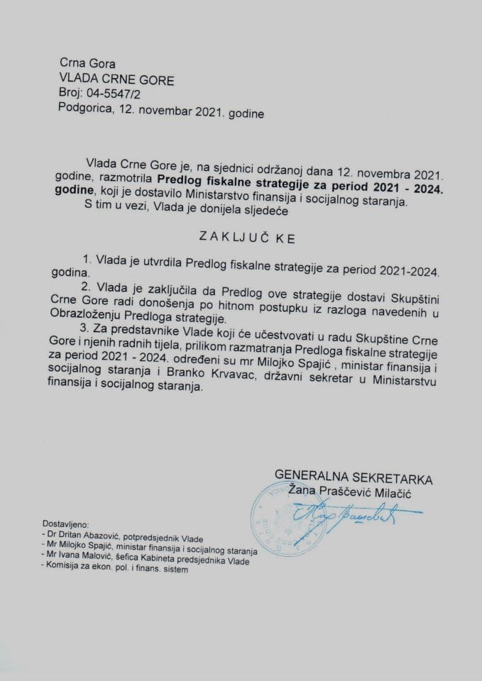 Предлог фискалне стратегије Црне Горе за период 2021-2024. године - закључци