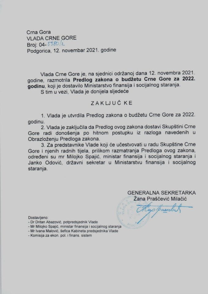 Nacrt zakona o budžetu Crne Gore za 2022. godinu - zaključci