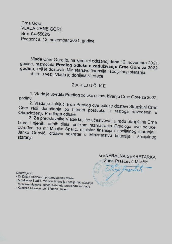Предлог одлуке о задуживању Црне Горе за 2022. годину - закључци