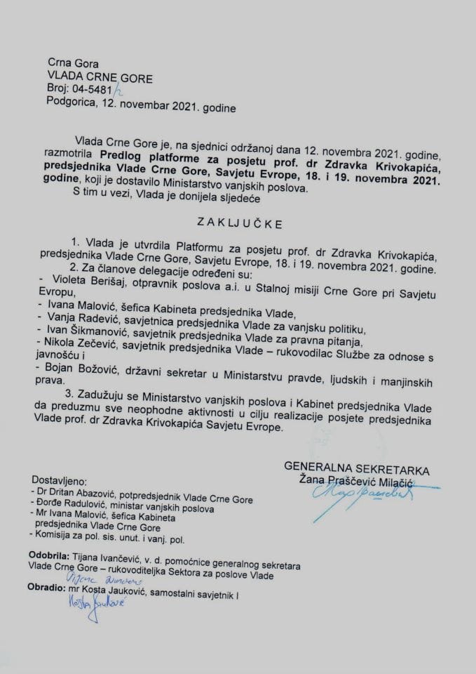 Predlog platforme za posjetu prof. dr Zdravka Krivokapića, predsjednika Vlade Crne Gore, Savjetu Evrope, 18. i 19. novembra 2021. godine - zaključci