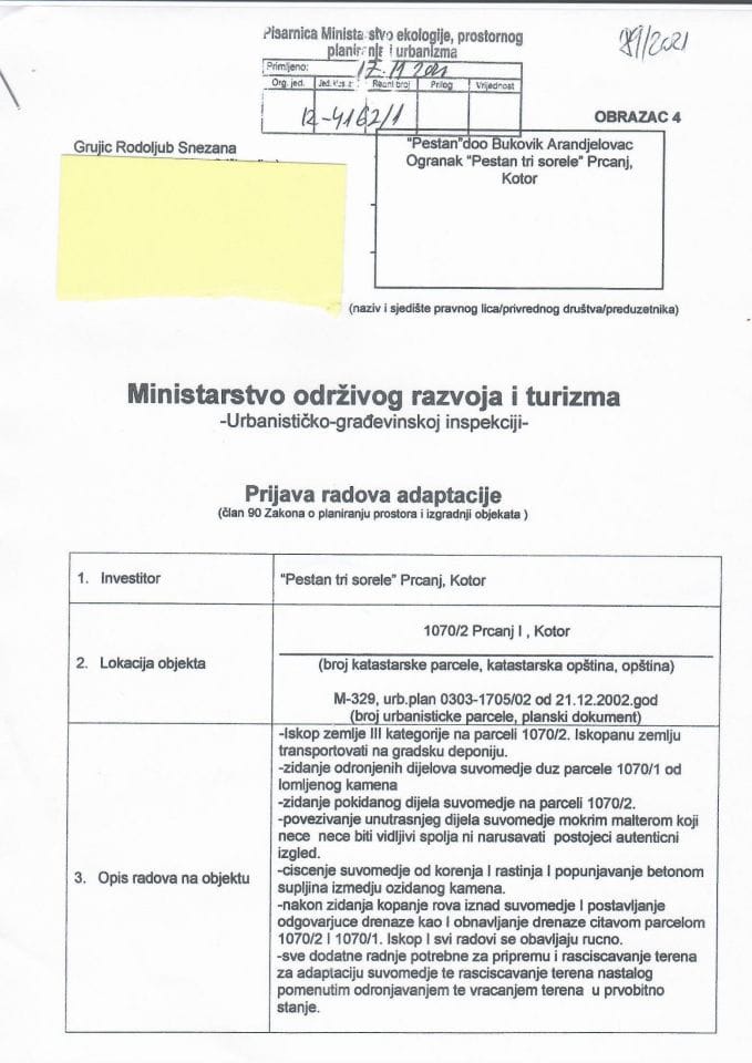 Prijava radova adaptacije - 12-4162-1 PEŠTAN TRI SORELE PRČANJ, KOTOR