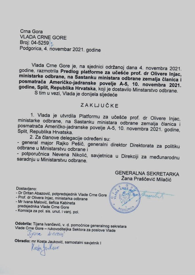 Предлог платформе за учешће проф. др Оливере Ињац, министарке одбране, на Састанку министара одбране земаља чланица и посматрача Америчко-јадранске повеље А-5, 10. новембра 2021. године, Сплит, Република Хрватска - закључци