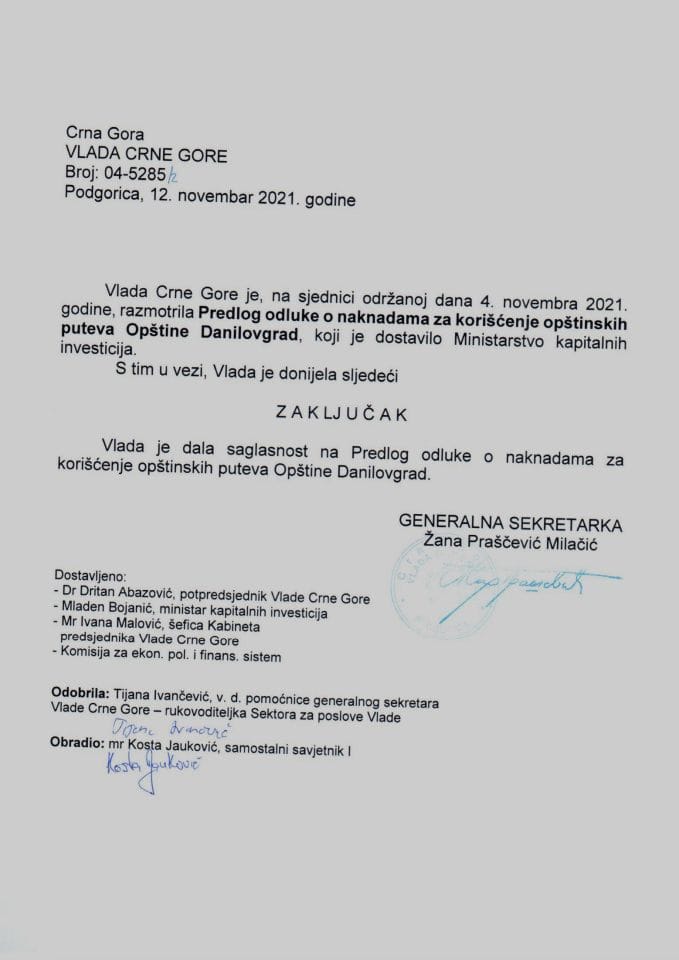 Predlog odluke o naknadama za korišćenje opštinskih puteva Opštine Danilovgrad - zaključci