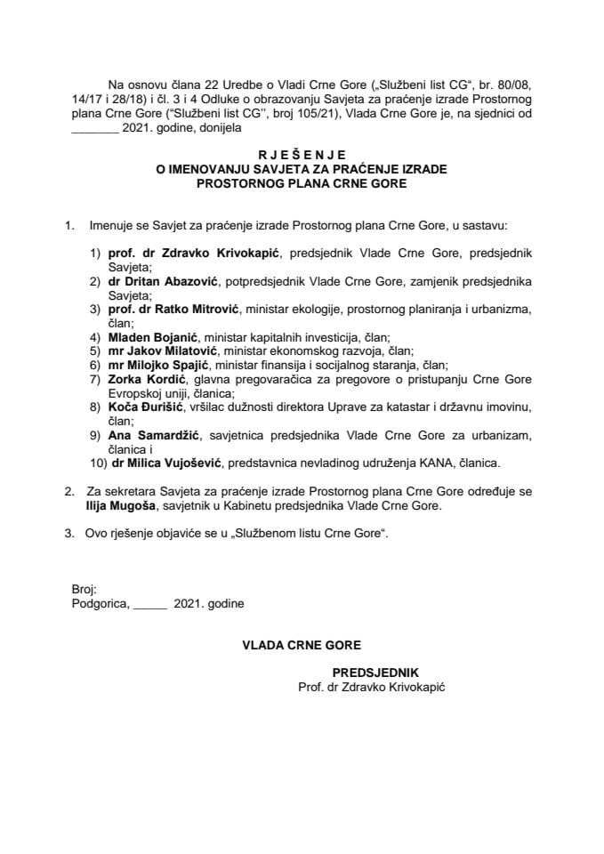 Predlog za imenovanje Savjeta za praćenje izrade Prostornog plana Crne Gore