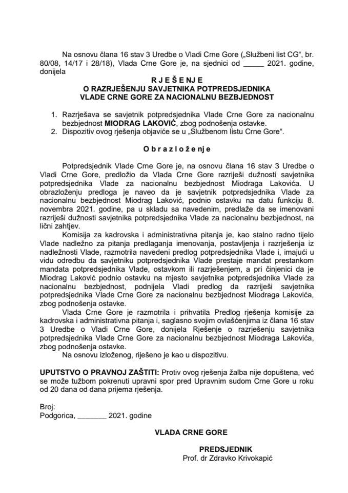 Predlog za razrješenje savjetnika potpredsjednika Vlade Crne Gore za nacionalnu bezbjednost