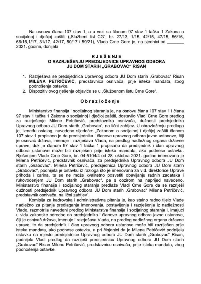 Predlog za razrješenje i imenovanje predsjednice Upravnog odbora JU Dom starih "Grabovac" Risan