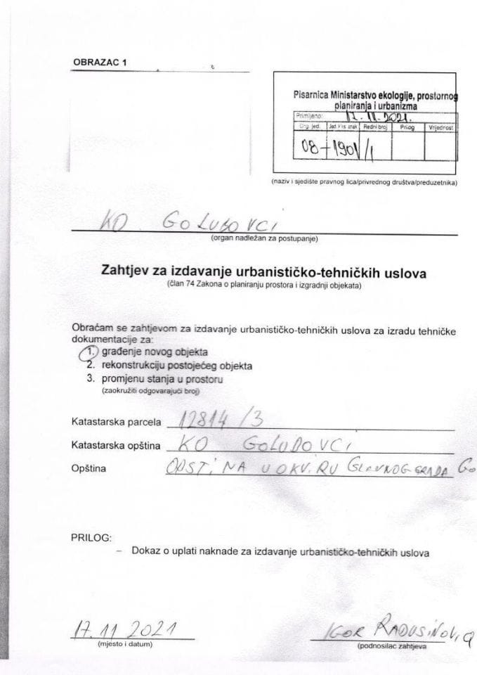 Zahtjevi za izdavanje urbanističko tehničkih uslova - 08-1901-1 IGOR RADUSINOVIĆ