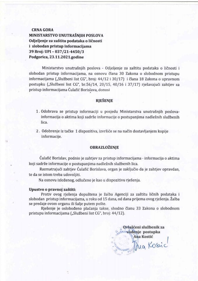 rješenje br. 39 UPI-037/21-4450/3