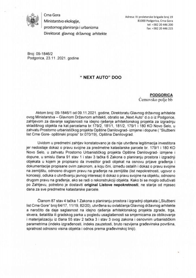 Obavještenja - Saglasnosti glavnog državnog arhitekte - 23.11.2021. - Obavještenje - NEXT AUTO D.O.O. Podgorica - Opština Danilovgrad