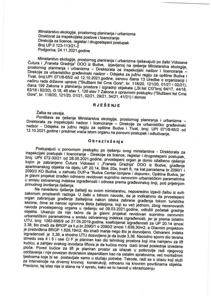 Drugostepeni postupak - UPII 123-113-21-2 VIDOSAVA ČUTURA I FRANETA GRADNJA DOO
