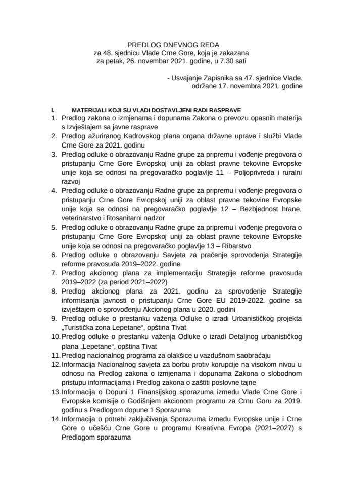 Предлог дневног реда за 48. сједницу Владе Црне Горе