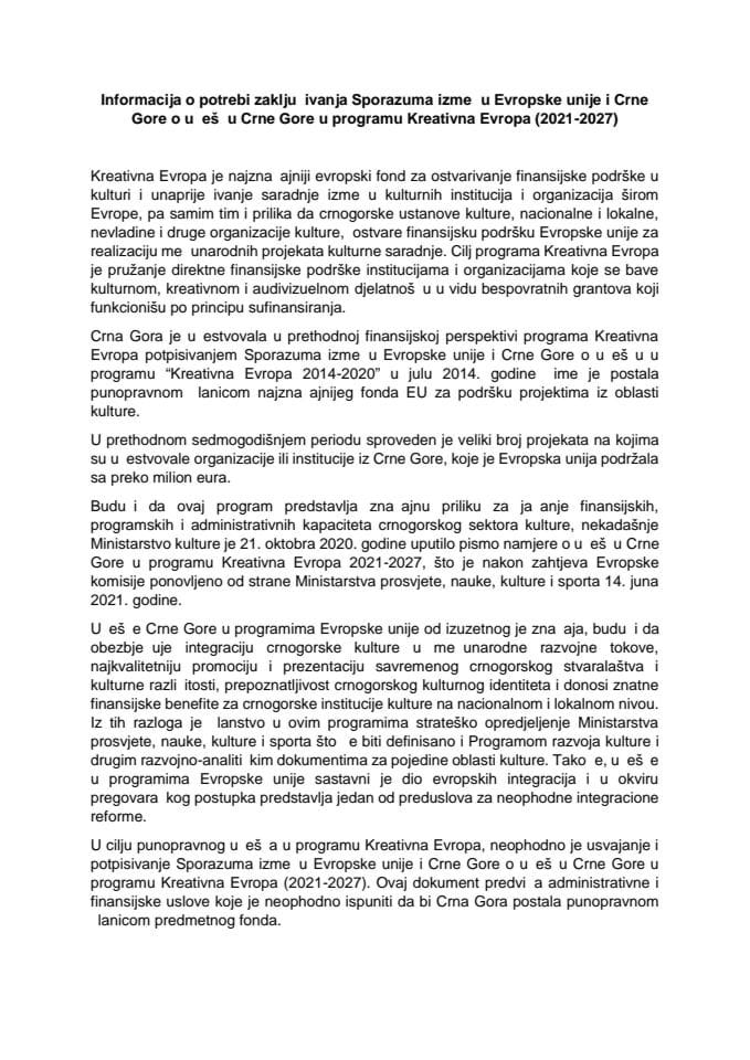 Informacija o potrebi zaključivanja Sporazuma između Evropske unije i Crne Gore o učešću Crne Gore u programu Kreativna Evropa (2021–2027) s Predlogom sporazuma