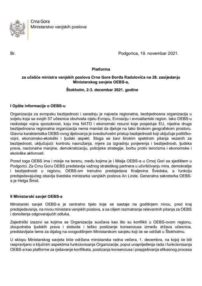Предлог платформе за учешће Ђорђа Радуловића, министра вањских послова, на 28. засиједању Министарског савјета ОЕБС-а, Штокхолм, 2. и 3. децембар 2021. године