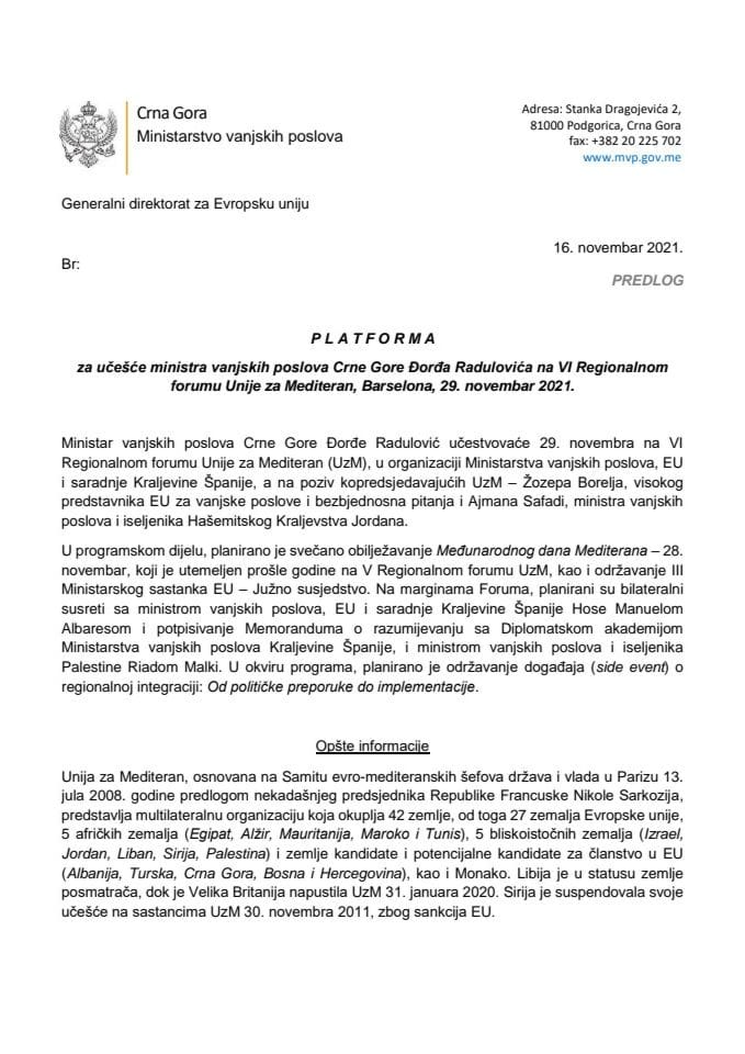 Predlog platforme za učešće Đorđa Radulovića, ministra vanjskih poslova, na VI Regionalnom forumu Unije za Mediteran, Barselona, 29. novembar 2021. godine