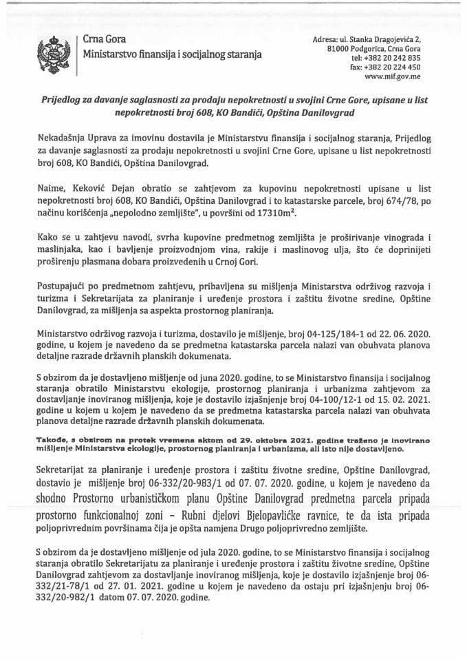 Predlog za davanje saglasnosti za prodaju nepokretnosti u svojini Crne Gore, upisane u list nepokretnosti broj 608, KO Bandići, Opština Danilovgrad