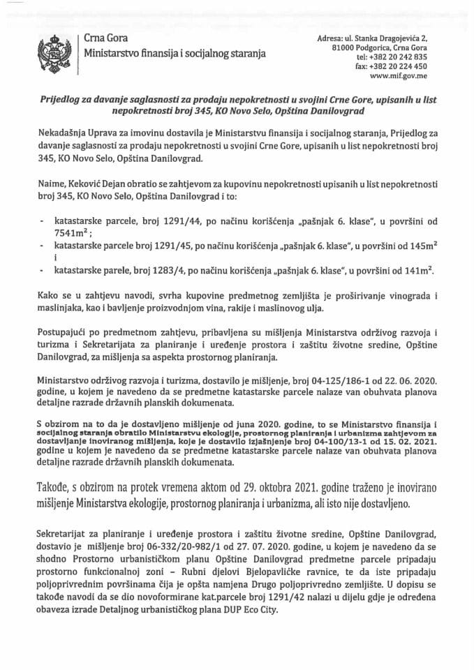 Predlog za davanje saglasnosti za prodaju nepokretnosti u svojini Crne Gore, upisanih u list nepokretnosti broj 345, KO Novo Selo, Opština Danilovgrad