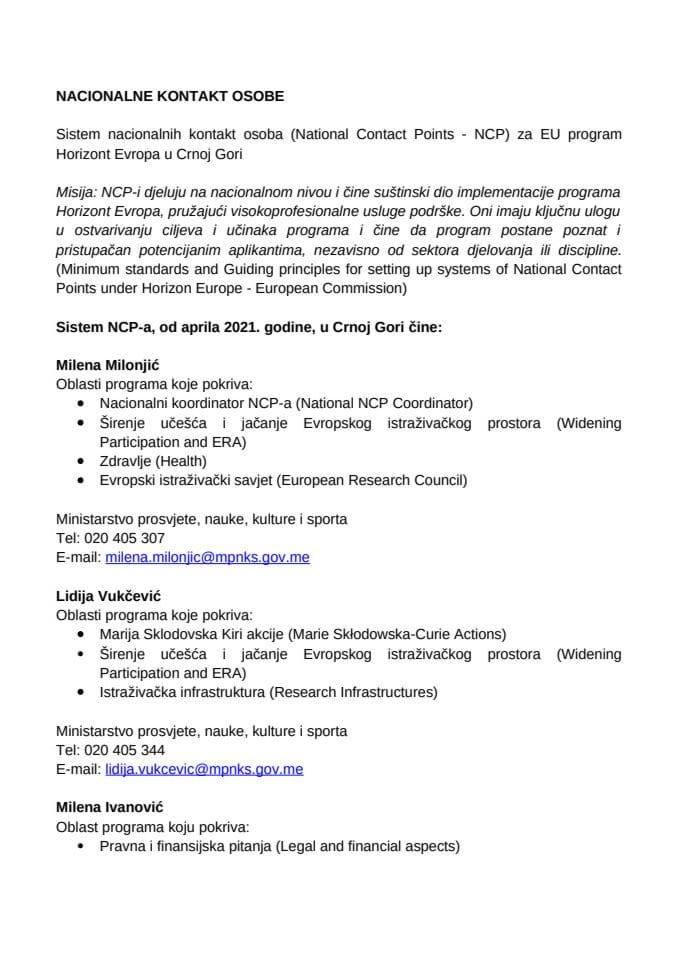 Nacionalne kontakt osobe za Program Horizont Evropa