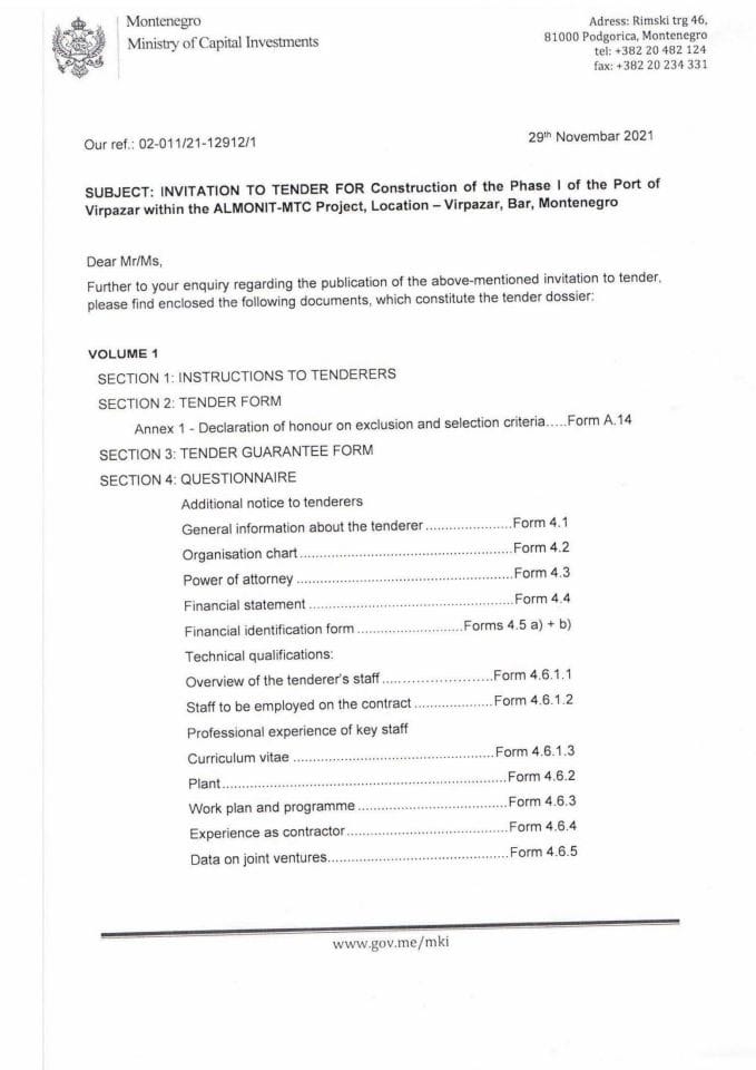 Invitation letter to Tender for Construction of the Phase I of the Port of Virpazar within the ALMONIT-MTC Project, Location - Virpazar, Bar, Montenegro