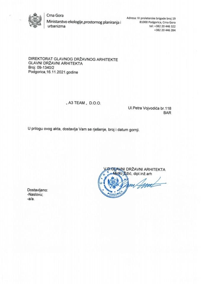 Rješenja glavnog državnog arhitekte - 16.11.2021. - Rješenje - A3 TEAM D.O.O. Bar - Opština Bar